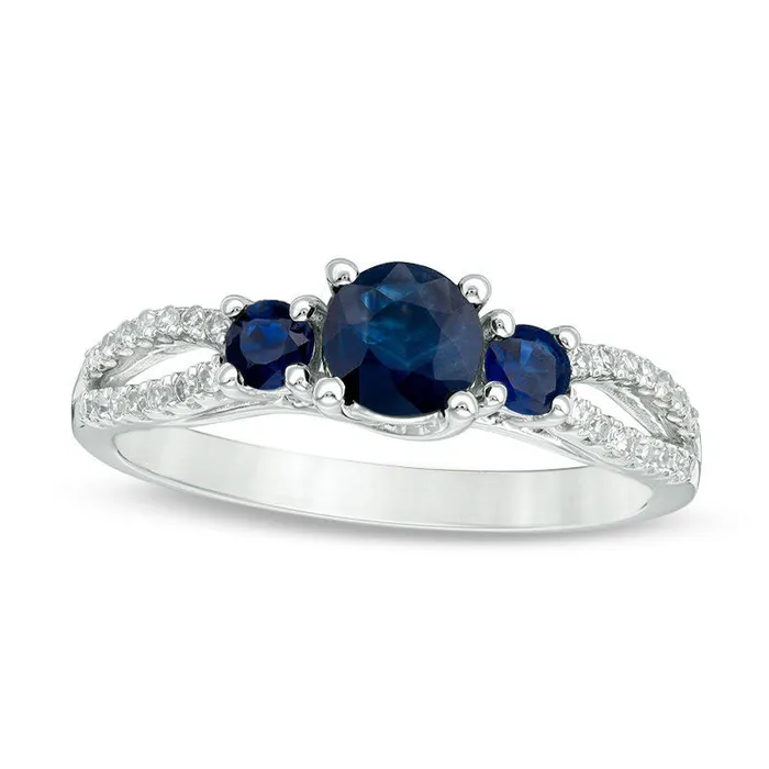 Rings Blue Sapphire and 013 CT TW Natural Diamond Three Stone Split Shank Ring in Solid 10K White Gold Goldia Rings Blue Sapphire and 013 CT TW Natural Diamond Three Stone Split Shank Ring in Solid 10K White Gold Goldia