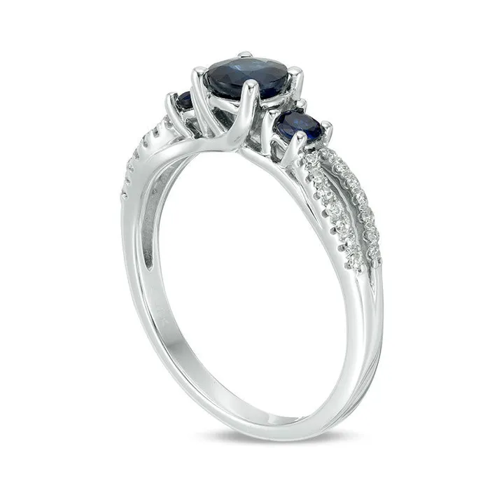 Rings Blue Sapphire and 013 CT TW Natural Diamond Three Stone Split Shank Ring in Solid 10K White Gold Goldia Rings Blue Sapphire and 013 CT TW Natural Diamond Three Stone Split Shank Ring in Solid 10K White Gold Goldia