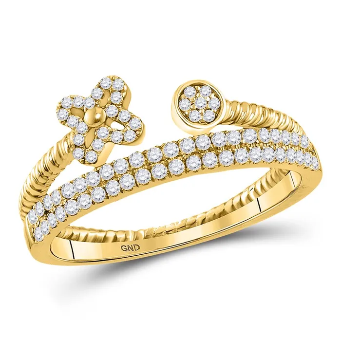 Rings gndatlanta 14kt Yellow Gold Round Diamond Flower Bisected Stackable Band Ring 15 Cttw Rings gndatlanta 14kt Yellow Gold Round Diamond Flower Bisected Stackable Band Ring 15 Cttw
