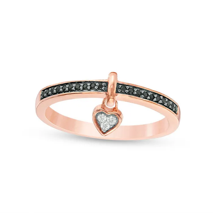 Rings Goldia 010 CT TW Enhanced Black and White Natural Diamond HeartShaped Dangle Ring in Sterling Silver with Solid 14K Rose Gold Plate Rings Goldia 010 CT TW Enhanced Black and White Natural Diamond HeartShaped Dangle Ring in Sterling Silver with Solid 14K Rose Gold Plate