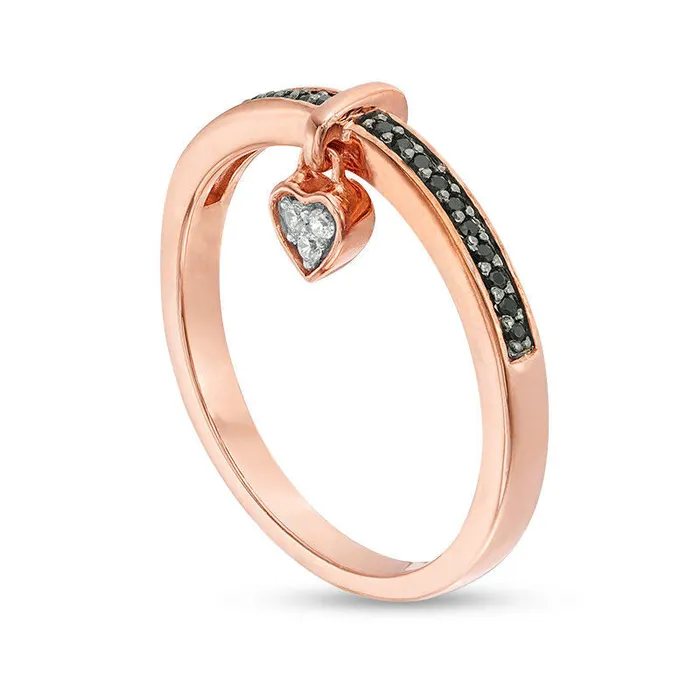Rings Goldia 010 CT TW Enhanced Black and White Natural Diamond HeartShaped Dangle Ring in Sterling Silver with Solid 14K Rose Gold Plate Rings Goldia 010 CT TW Enhanced Black and White Natural Diamond HeartShaped Dangle Ring in Sterling Silver with Solid 14K Rose Gold Plate