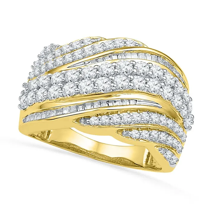 Rings Goldia 15 CT TW Baguette and Round Natural Diamond Wave Band in Solid 10K Yellow Gold