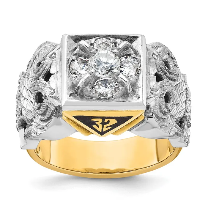 Rings Goldia 14k Twotone Gold Mens Polished and Textured with Black Enamel and Diamond 32nd Degree Scottish Rite Masonic Ring