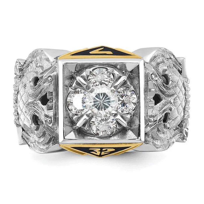 Rings Goldia 14k Twotone Gold Mens Polished and Textured with Black Enamel and Diamond 32nd Degree Scottish Rite Masonic Ring