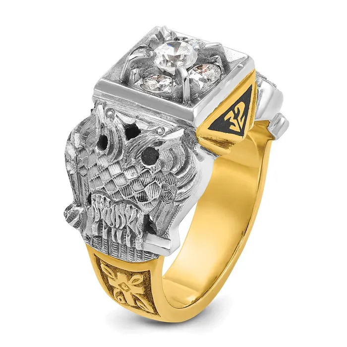 Rings Goldia 14k Twotone Gold Mens Polished and Textured with Black Enamel and Diamond 32nd Degree Scottish Rite Masonic Ring
