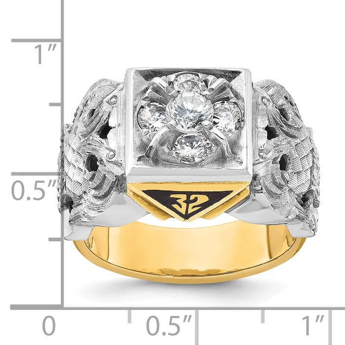 Rings Goldia 14k Twotone Gold Mens Polished and Textured with Black Enamel and Diamond 32nd Degree Scottish Rite Masonic Ring