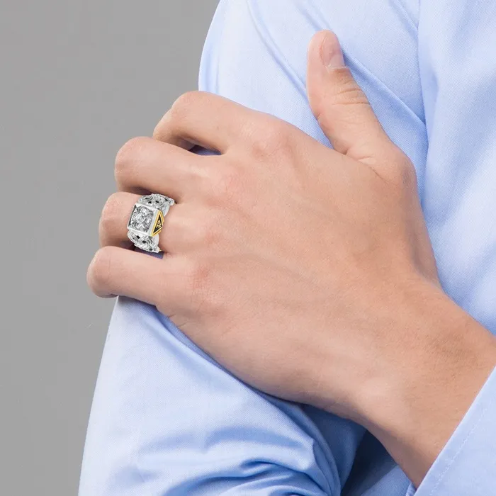 Rings Goldia 14k Twotone Gold Mens Polished and Textured with Black Enamel and Diamond 32nd Degree Scottish Rite Masonic Ring