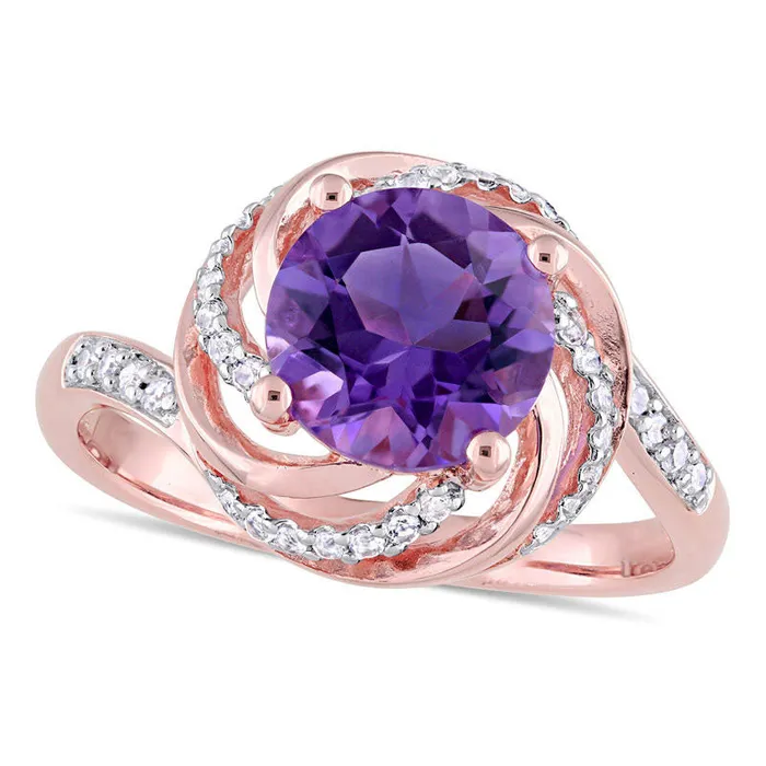 Rings Goldia 80mm Amethyst and White Topaz with 005 CT TW Swirl Frame Ring in Sterling Silver with Rose Rhodium Rings Goldia 80mm Amethyst and White Topaz with 005 CT TW Swirl Frame Ring in Sterling Silver with Rose Rhodium