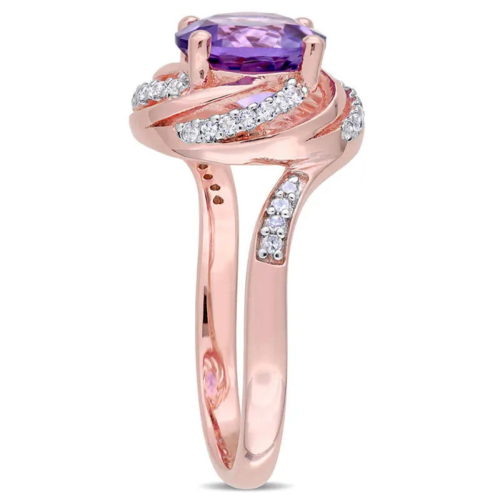 Rings Goldia 80mm Amethyst and White Topaz with 005 CT TW Swirl Frame Ring in Sterling Silver with Rose Rhodium Rings Goldia 80mm Amethyst and White Topaz with 005 CT TW Swirl Frame Ring in Sterling Silver with Rose Rhodium