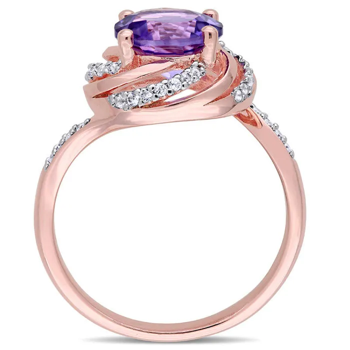 Rings Goldia 80mm Amethyst and White Topaz with 005 CT TW Swirl Frame Ring in Sterling Silver with Rose Rhodium Rings Goldia 80mm Amethyst and White Topaz with 005 CT TW Swirl Frame Ring in Sterling Silver with Rose Rhodium