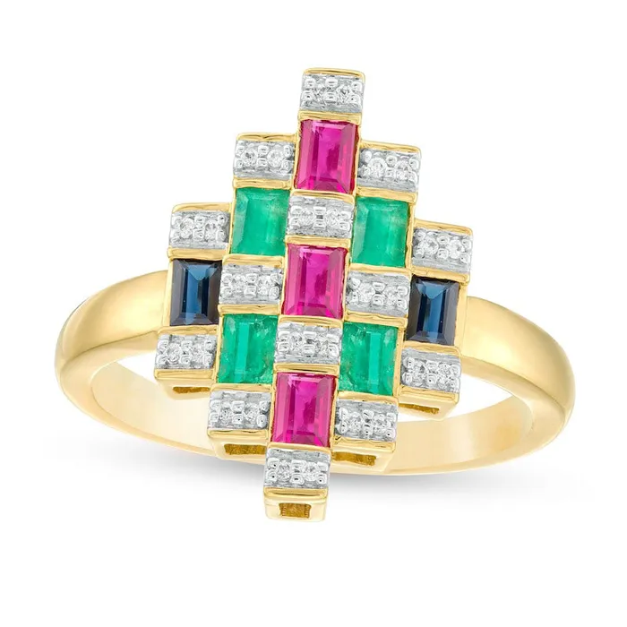 Rings Goldia Baguette Ruby Emerald Blue Sapphire and 007 CT TW Natural Diamond Geometric Ring in Solid 10K Yellow Gold Rings Goldia Baguette Ruby Emerald Blue Sapphire and 007 CT TW Natural Diamond Geometric Ring in Solid 10K Yellow Gold