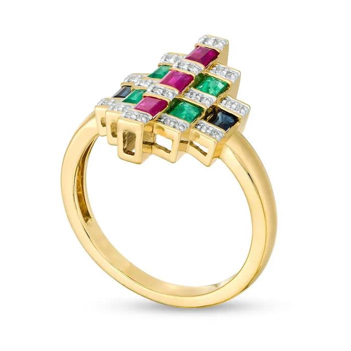 Rings Goldia Baguette Ruby Emerald Blue Sapphire and 007 CT TW Natural Diamond Geometric Ring in Solid 10K Yellow Gold Rings Goldia Baguette Ruby Emerald Blue Sapphire and 007 CT TW Natural Diamond Geometric Ring in Solid 10K Yellow Gold