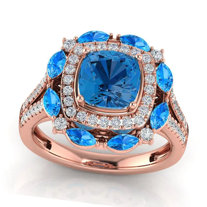 Rings Goldia Captivating Color London and Swiss Blue Topaz with 050 CT TW Natural Diamond Ornate Frame Split Shank Ring in Solid 14K Rose Gold