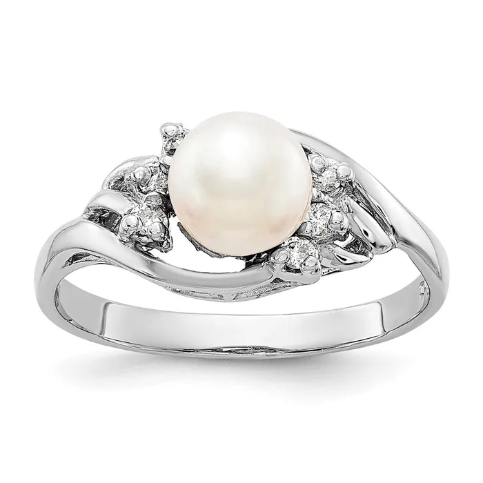 Rings Goldiacom 14k White Gold 6mm FW Cultured Pearl VS Real Diamond ring Rings Goldiacom 14k White Gold 6mm FW Cultured Pearl VS Real Diamond ring