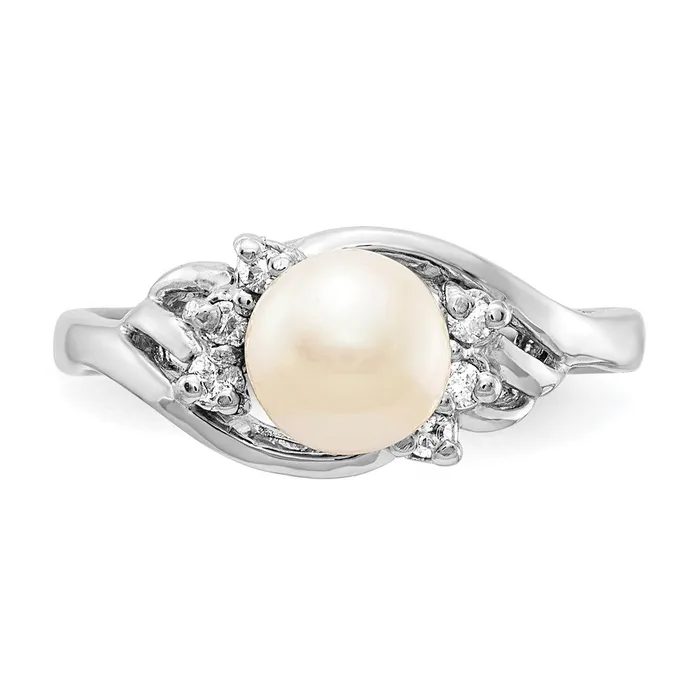 Rings Goldiacom 14k White Gold 6mm FW Cultured Pearl VS Real Diamond ring