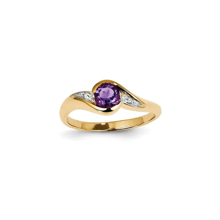 Rings Goldiacom 14K Yellow Gold Real Diamond and Amethyst Round Ring