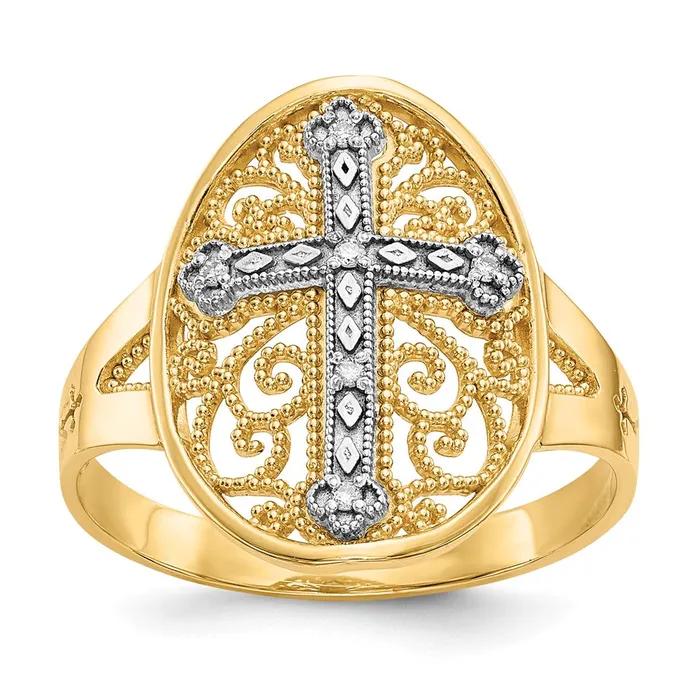 Rings Goldiacom 14k Yellow White Gold Real Diamond Filigree Cross Ring
