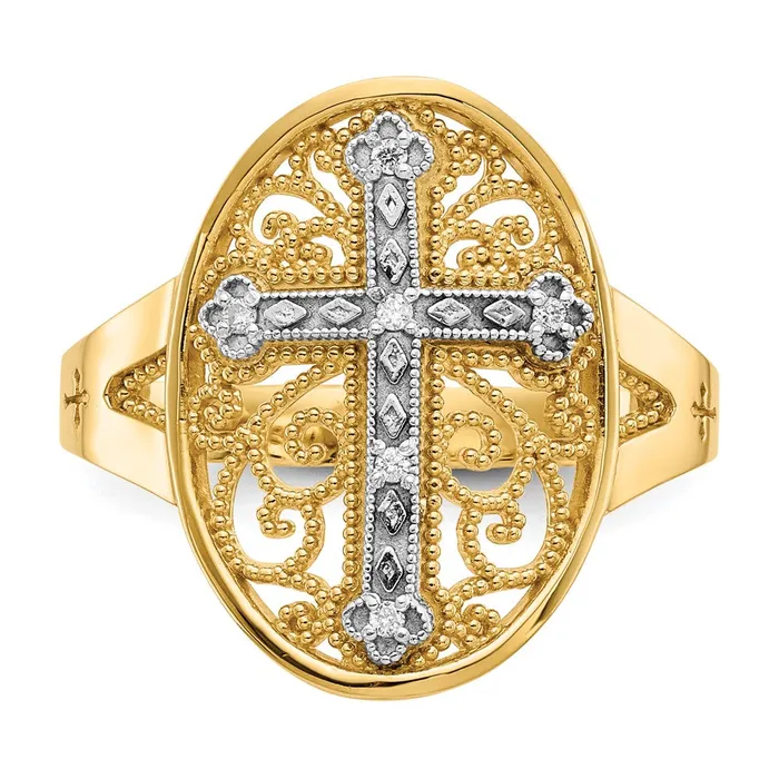 Rings Goldiacom 14k Yellow White Gold Real Diamond Filigree Cross Ring