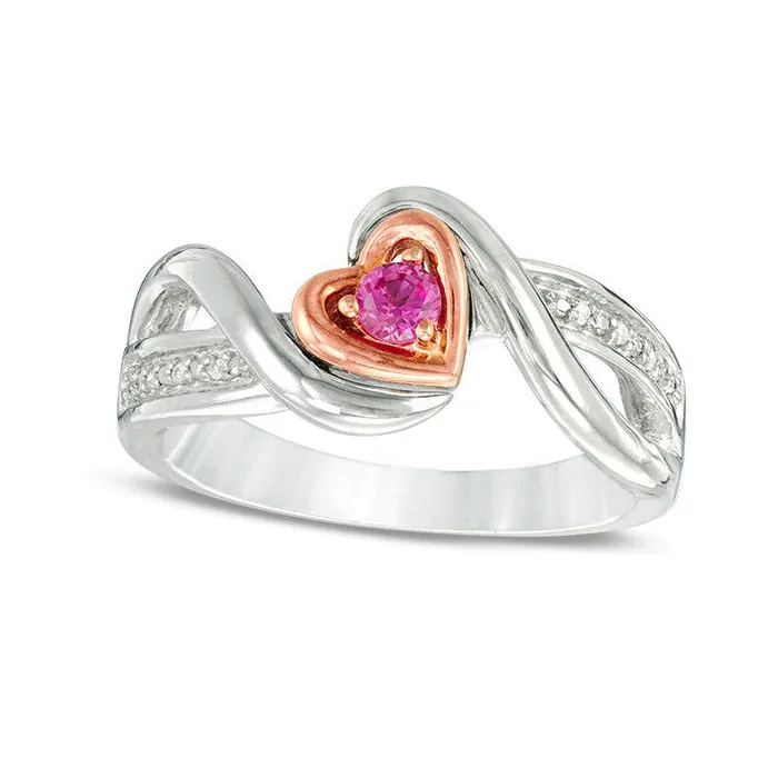 Rings Goldia LabCreated Pink Sapphire and Diamond Accent Tilted Heart Promise Ring in Sterling Silver and Solid 10K Rose Gold Rings Goldia LabCreated Pink Sapphire and Diamond Accent Tilted Heart Promise Ring in Sterling Silver and Solid 10K Rose Gold
