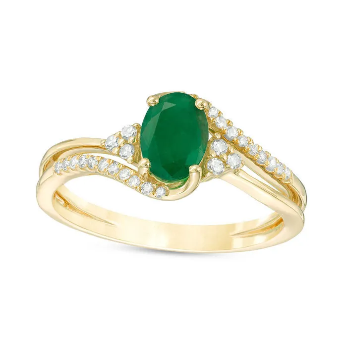 Rings Goldia Oval Emerald and 013 CT TW Natural Diamond TriSides Bypass Ring in Solid 10K Yellow Gold Rings Goldia Oval Emerald and 013 CT TW Natural Diamond TriSides Bypass Ring in Solid 10K Yellow Gold