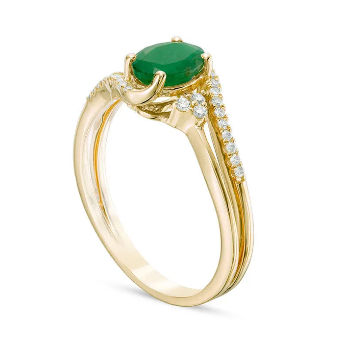 Rings Goldia Oval Emerald and 013 CT TW Natural Diamond TriSides Bypass Ring in Solid 10K Yellow Gold Rings Goldia Oval Emerald and 013 CT TW Natural Diamond TriSides Bypass Ring in Solid 10K Yellow Gold
