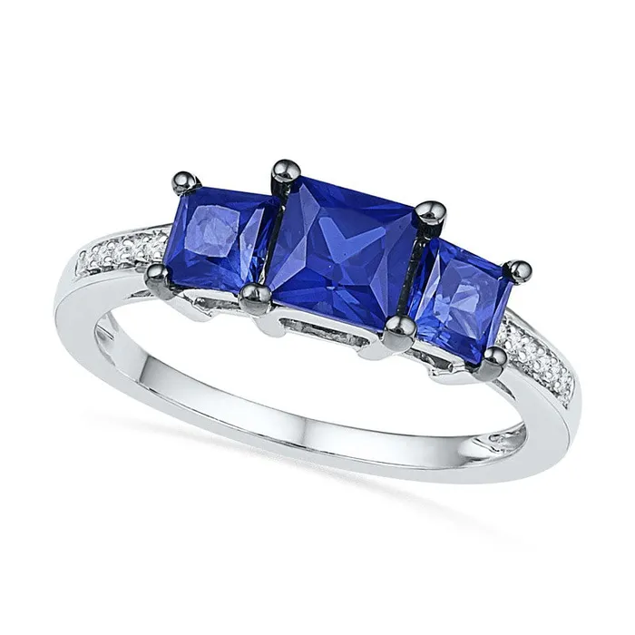 Rings Goldia PrincessCut LabCreated Blue Sapphire and Diamond Accent Three Stone Ring in Solid 10K White Gold Rings Goldia PrincessCut LabCreated Blue Sapphire and Diamond Accent Three Stone Ring in Solid 10K White Gold