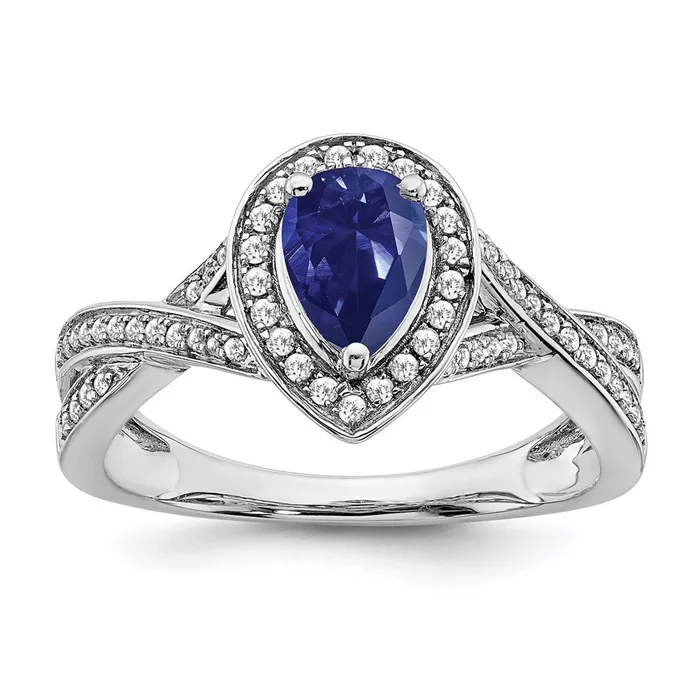 Rings Goldia Solid 14k White Gold Pear Created Simulated Sapphire and CZ Halo Ring Rings Goldia Solid 14k White Gold Pear Created Simulated Sapphire and CZ Halo Ring