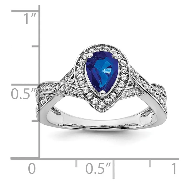 Rings Goldia Solid 14k White Gold Pear Created Simulated Sapphire and CZ Halo Ring