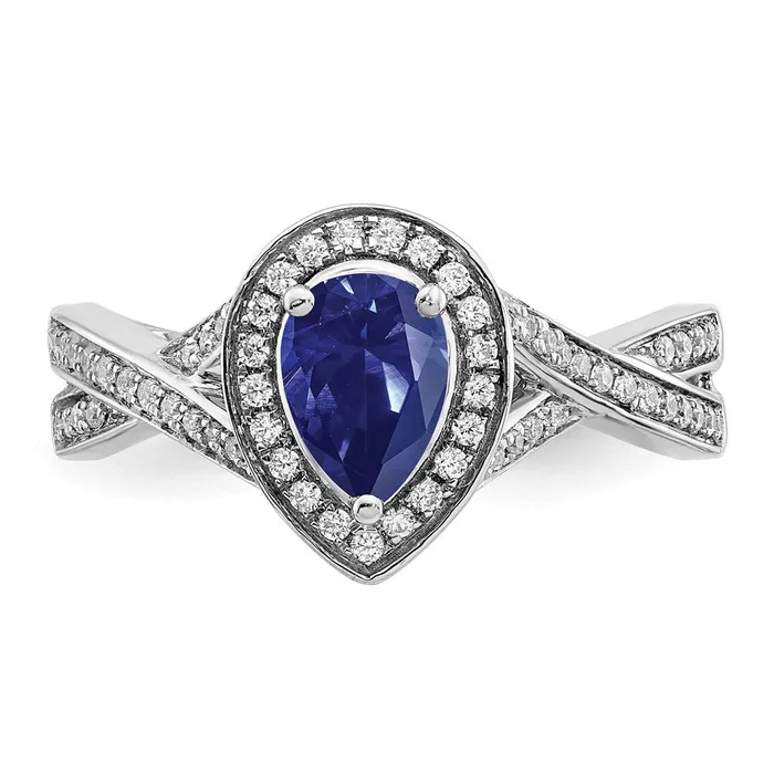 Rings Goldia Solid 14k White Gold Pear Created Simulated Sapphire and CZ Halo Ring