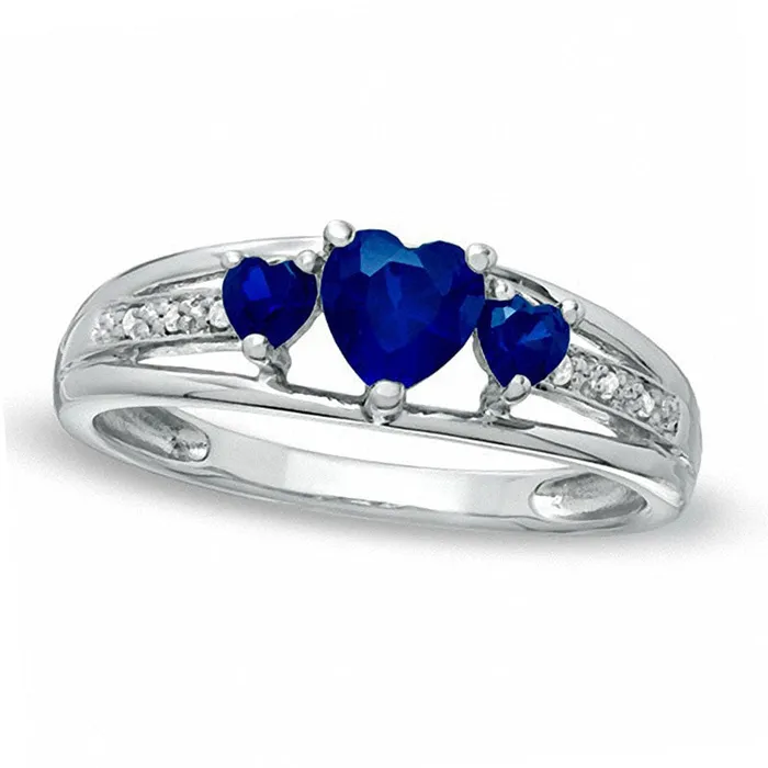 Rings HeartShaped LabCreated Blue Sapphire Three Stone and Diamond Accent Ring in Sterling Silver Goldia Rings HeartShaped LabCreated Blue Sapphire Three Stone and Diamond Accent Ring in Sterling Silver Goldia