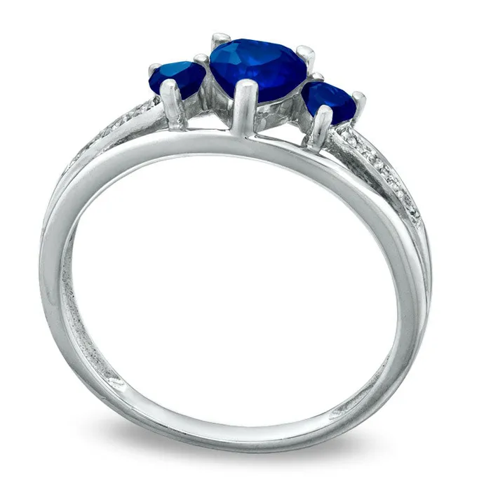 Rings HeartShaped LabCreated Blue Sapphire Three Stone and Diamond Accent Ring in Sterling Silver Goldia Rings HeartShaped LabCreated Blue Sapphire Three Stone and Diamond Accent Ring in Sterling Silver Goldia