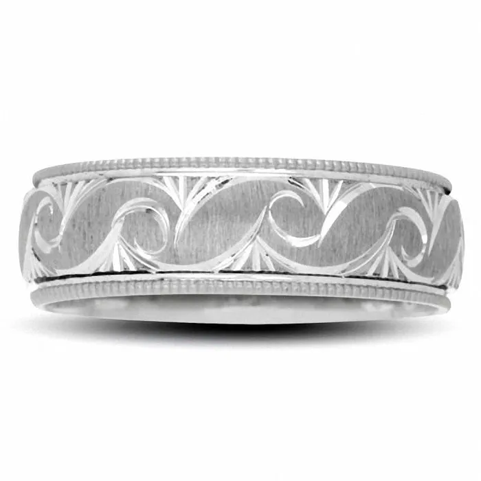 Rings Mens 60mm Swirl Wedding Band in Solid 10K White Gold Goldia