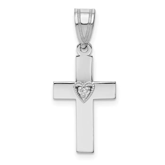 Solid 14k White Gold 01ct Simulated CZ Heart Cross Pendant Goldia Necklaces