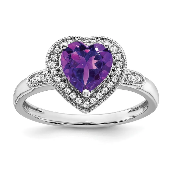 Solid 14k White Gold Heart Simulated Amethyst and CZ Halo Ring Goldia Rings Solid 14k White Gold Heart Simulated Amethyst and CZ Halo Ring Goldia Rings