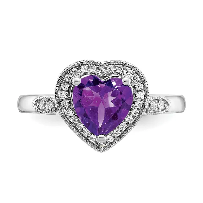 Solid 14k White Gold Heart Simulated Amethyst and CZ Halo Ring Goldia Rings