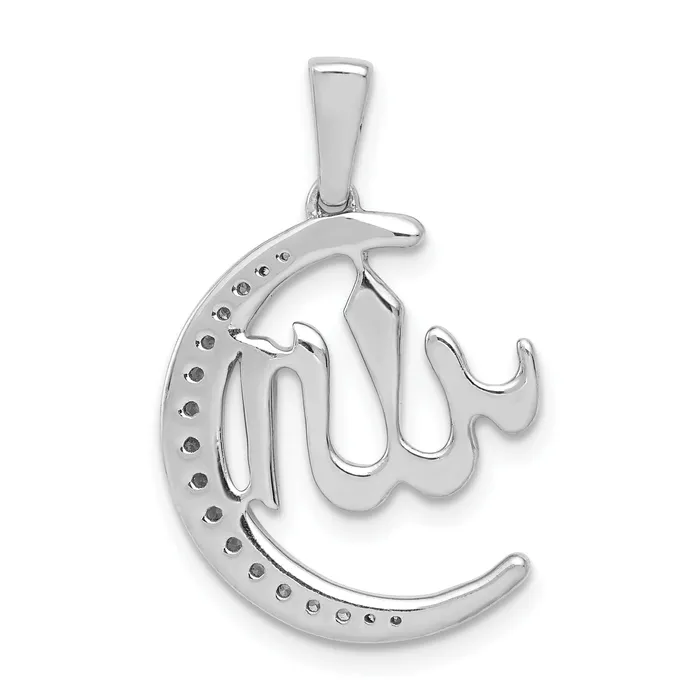 Solid 14k White Gold Simulated CZ Allah Star and Crescent Pendant Goldia Necklaces