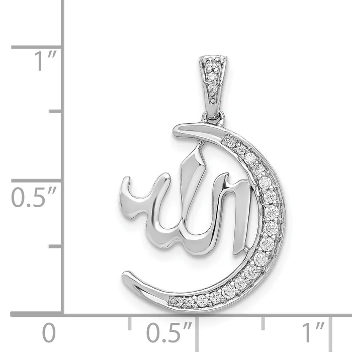 Solid 14k White Gold Simulated CZ Allah Star and Crescent Pendant Goldia Necklaces