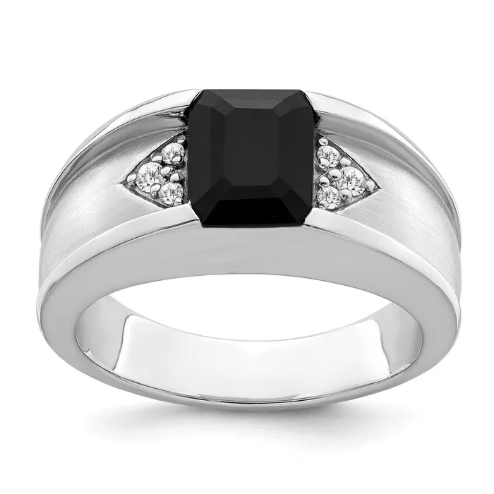 Solid 14k White Gold Simulated Onyx and CZ Mens Ring Goldia Rings