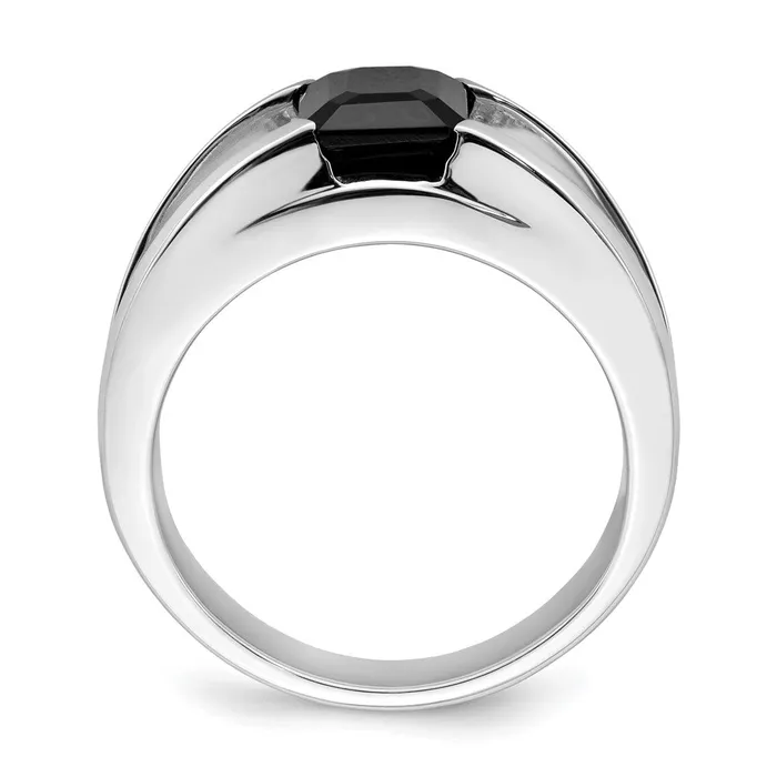 Solid 14k White Gold Simulated Onyx and CZ Mens Ring Goldia Rings