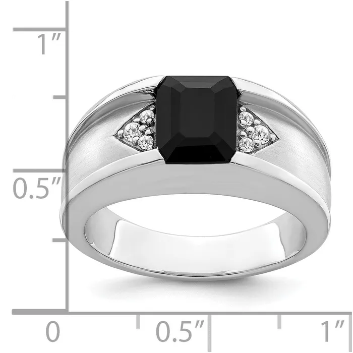 Solid 14k White Gold Simulated Onyx and CZ Mens Ring Goldia Rings