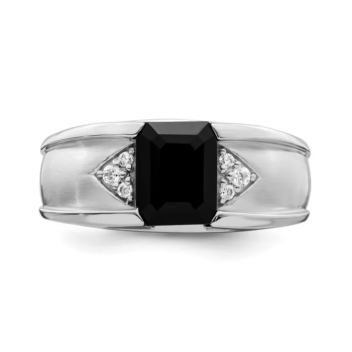 Solid 14k White Gold Simulated Onyx and CZ Mens Ring Goldia Rings