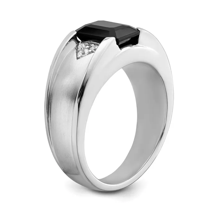 Solid 14k White Gold Simulated Onyx and CZ Mens Ring Goldia Rings