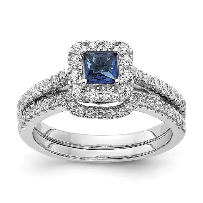 Solid 14k White Gold Simulated Sapphire CZ Halo Engagement Ring Goldia Rings